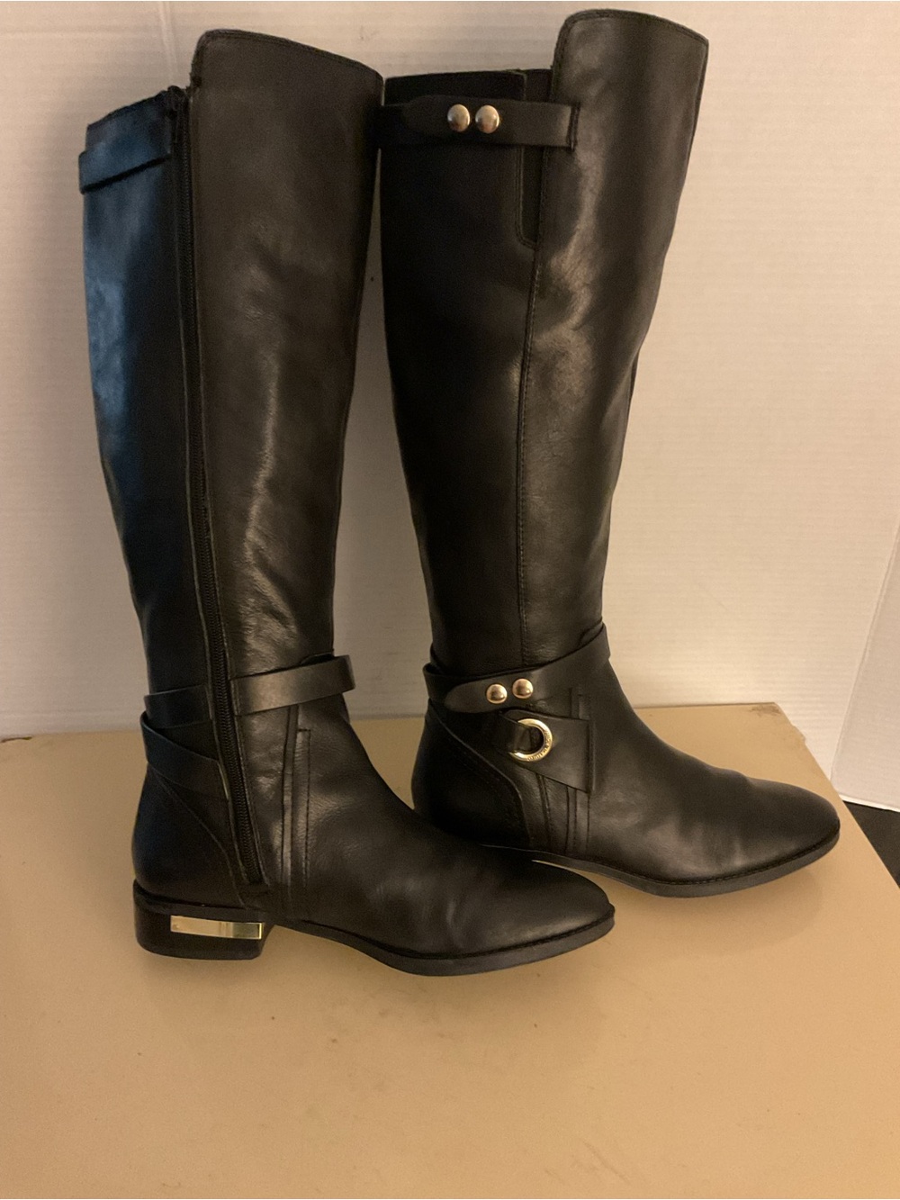 Vince Camuto Black Leather tall knee high riding boots with Gold Hardware US 9 - Picture 9 of 11